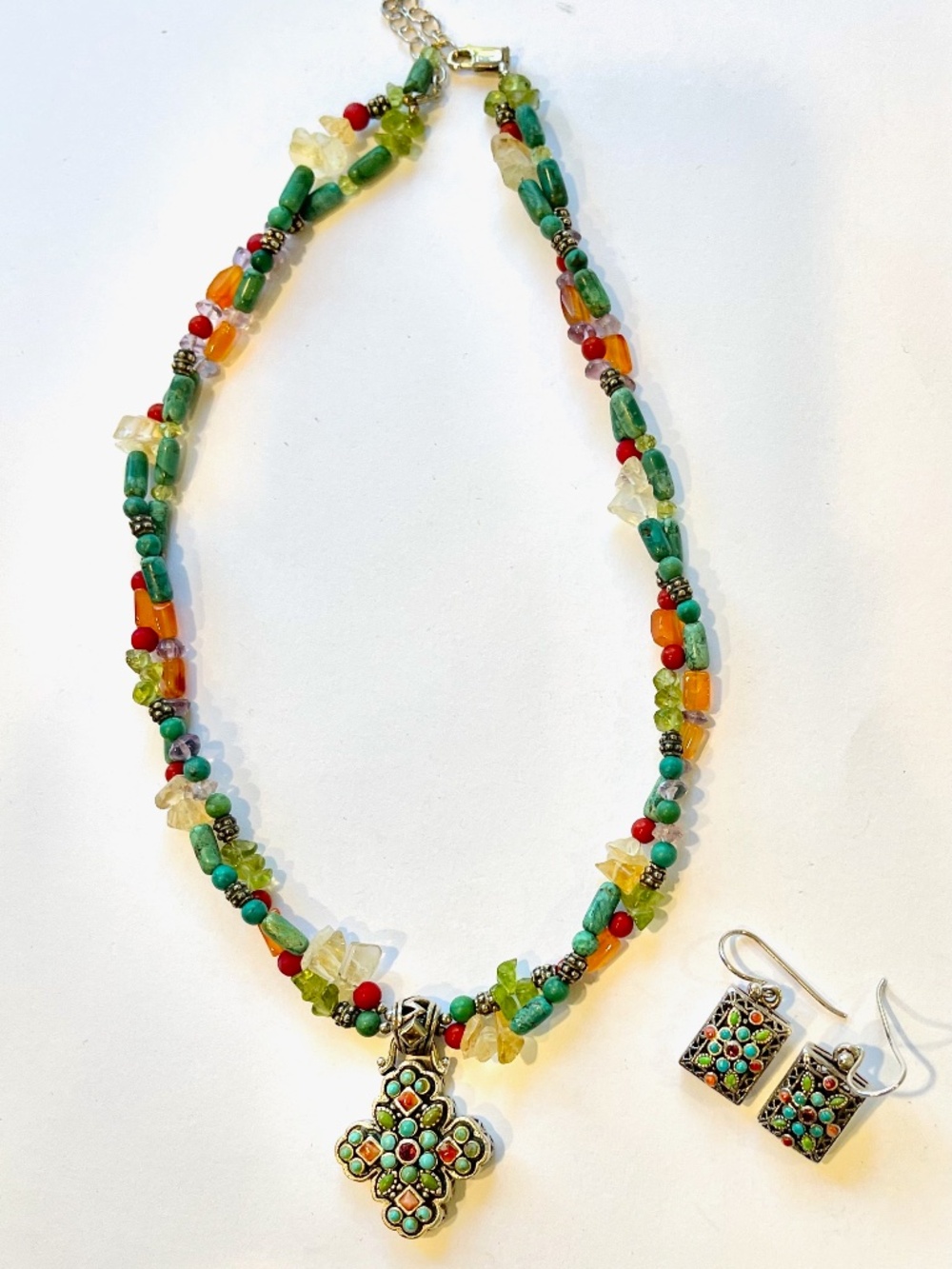 Vintage USA BARSE 925 Sterling Silver CORAL & TURQUOISE Cross Necklace Earrings